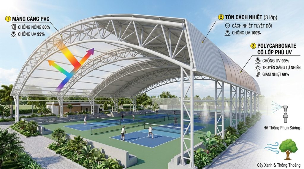 Thi Công Mái Che Sân Pickleball Cần chọn vật liệu phù hợp