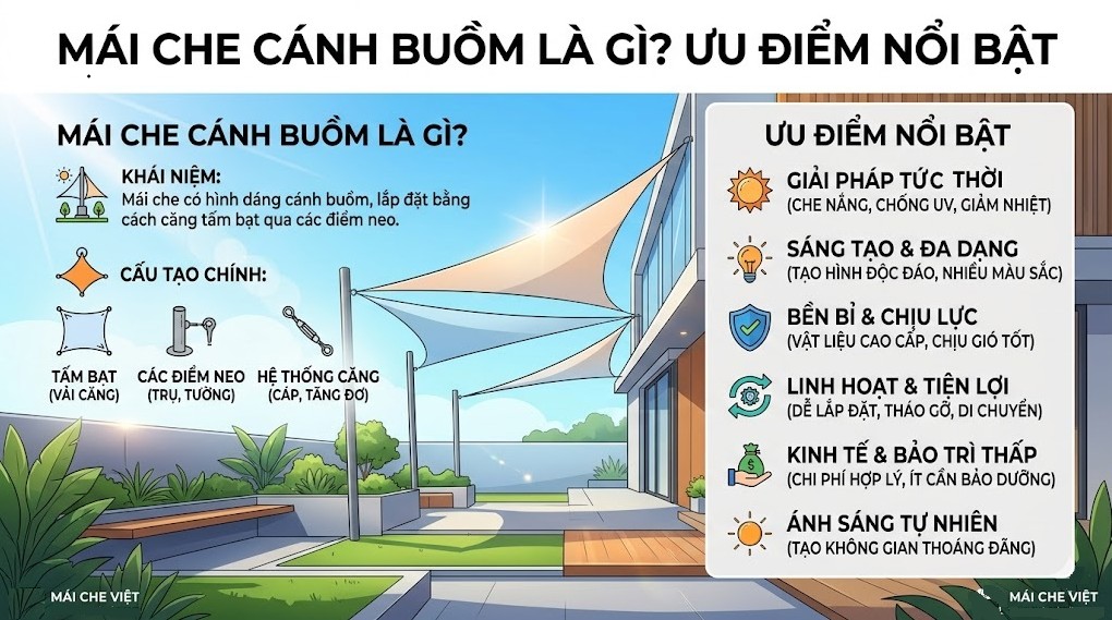 Mái che cánh buồm là gì? Ưu điểm & ứng dụng thực tế