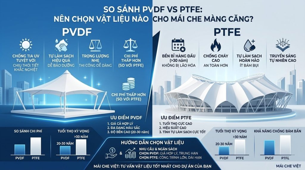 So sánh PVDF vs PTFE: Nên chọn vật liệu nào cho mái che màng căng?