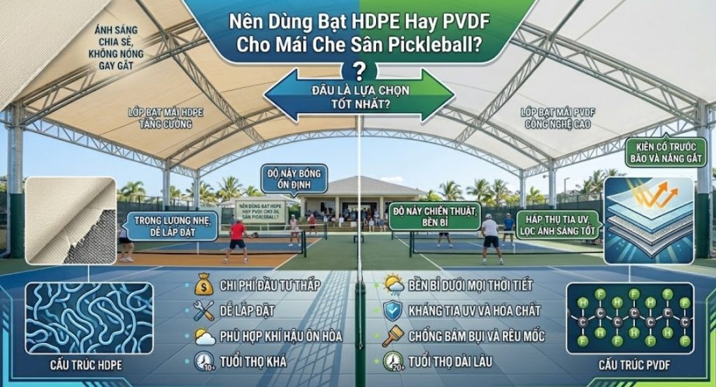 Nên Dùng Bạt HDPE Hay PVDF Cho Mái Che Sân Pickleball?